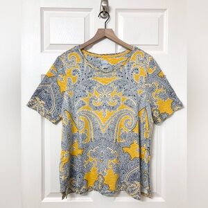 Chico’s 3 Yellow Black Short Sleeve Cotton Tee Shirt XL Casual Spring Travel